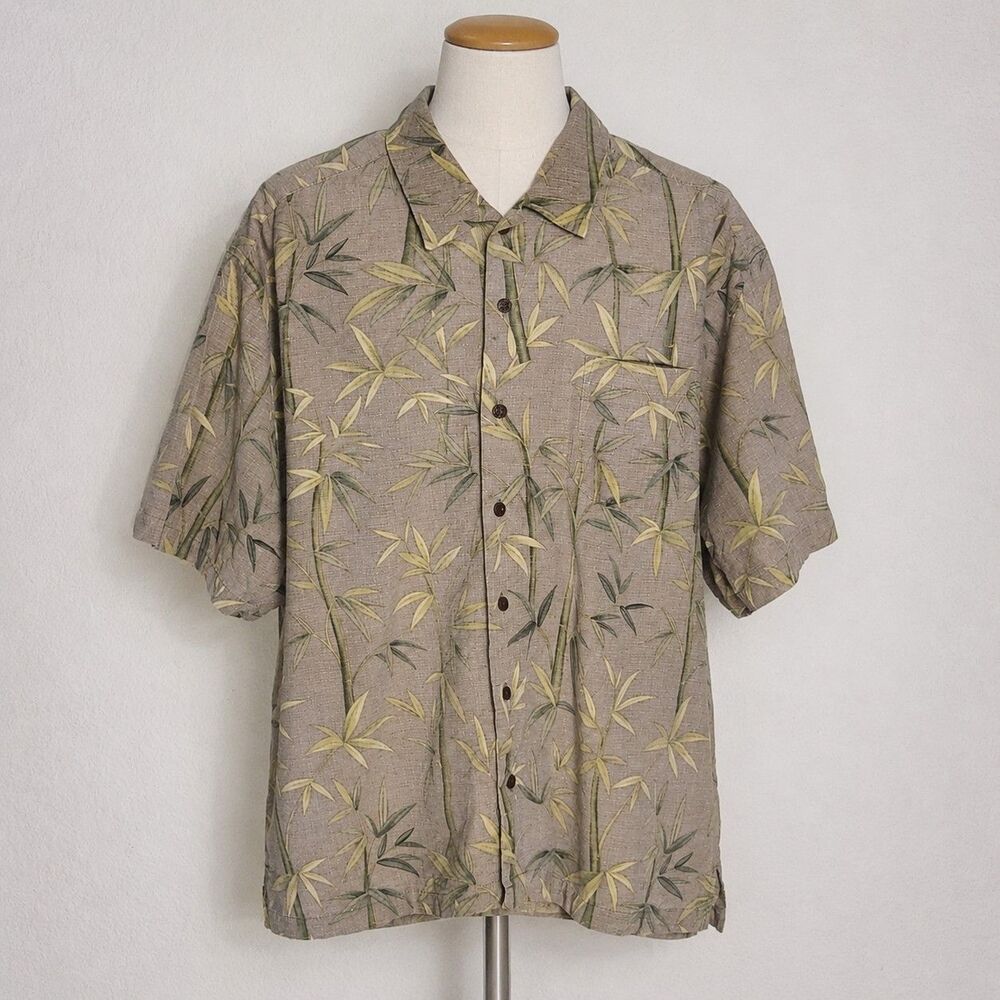 Jamaica Jaxx Men's XL Silk Hawaiian Camp Shirt Tan Bamboo Tropical Aloha Beach